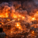 लखनऊ विकास नगर में लगी भीषण आग में झुग्गियां जलती हुई और धुआं उठता हुआ दृश्य