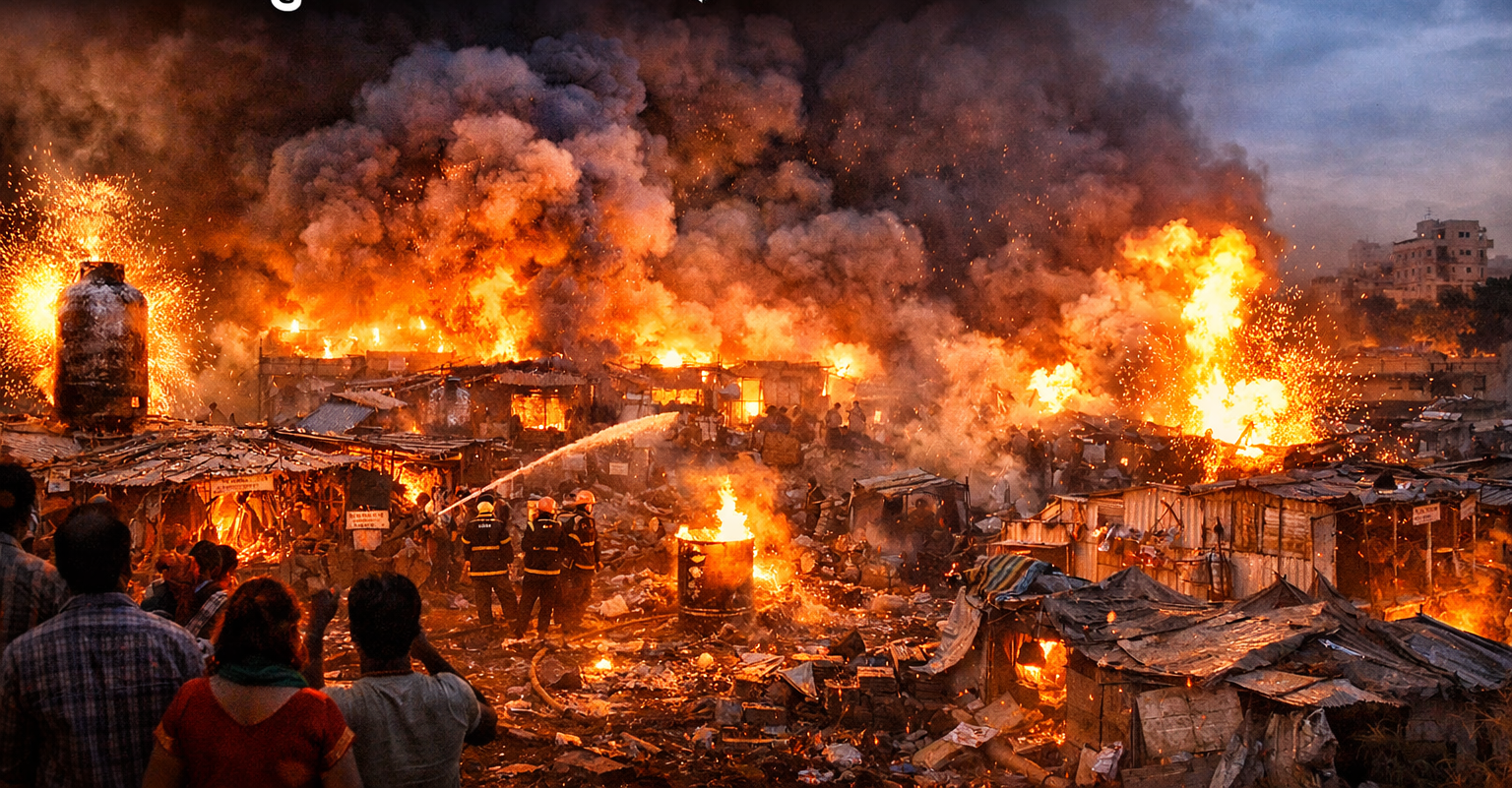 लखनऊ विकास नगर में लगी भीषण आग में झुग्गियां जलती हुई और धुआं उठता हुआ दृश्य