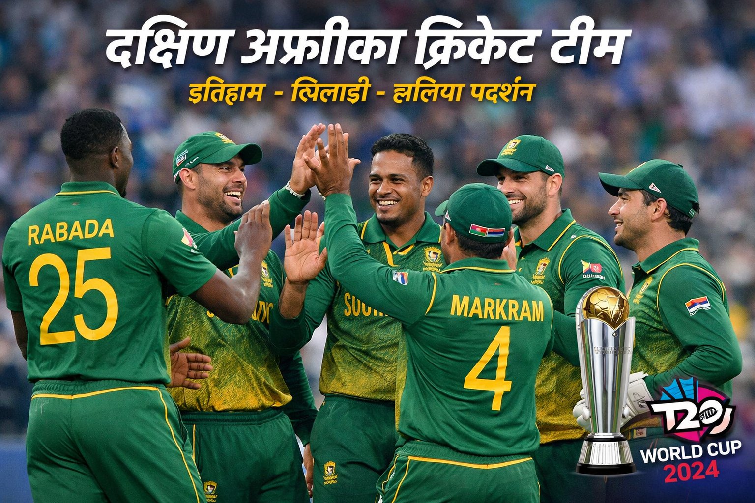 दक्षिण अफ्रीका क्रिकेट टीम के खिलाड़ी मैदान पर मैच के दौरान, प्रोटियाज जर्सी में टीम एक्शन में दिखाई देती हुई।