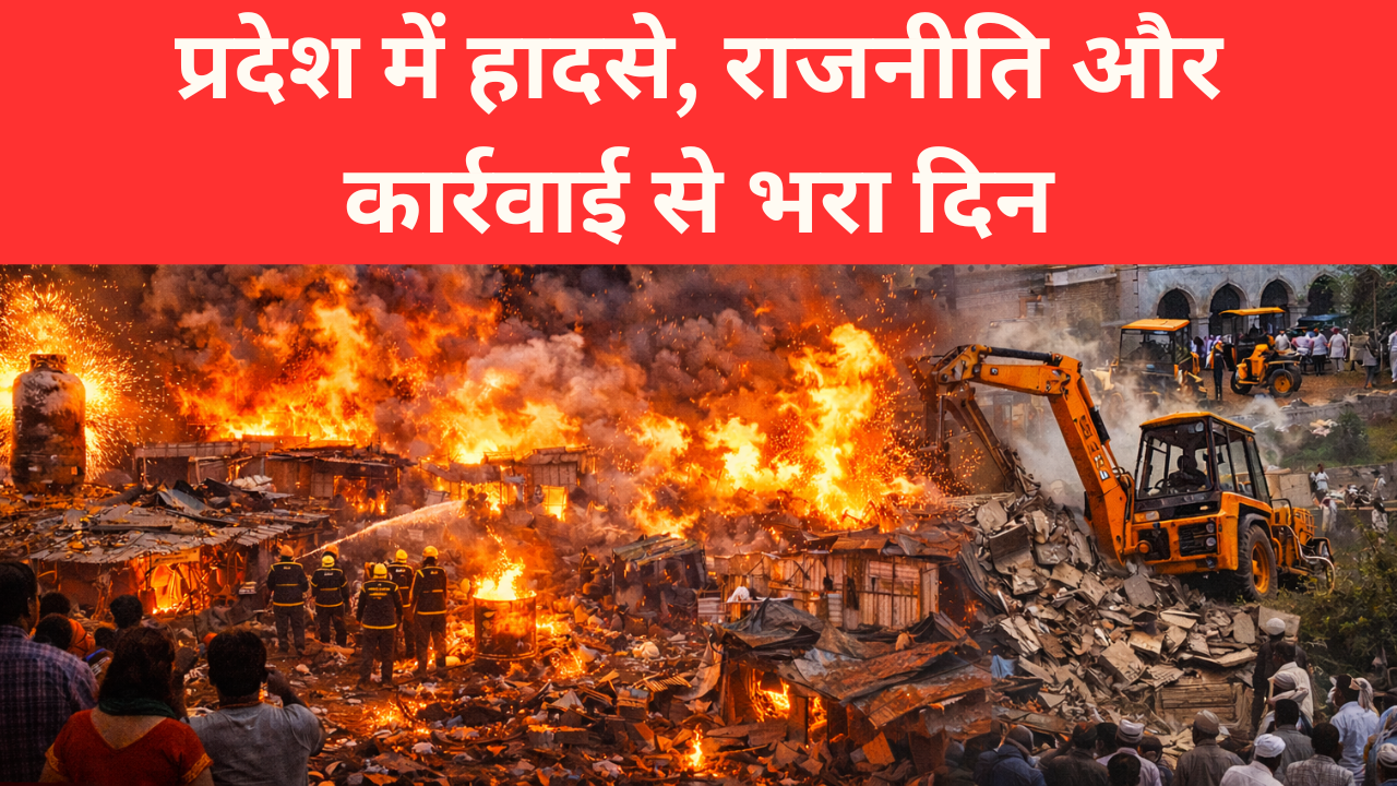 उत्तर प्रदेश में सिलेंडर ब्लास्ट के बाद झोपड़ियों में लगी भीषण आग, मौके पर राहत कार्य करते दमकल कर्मी